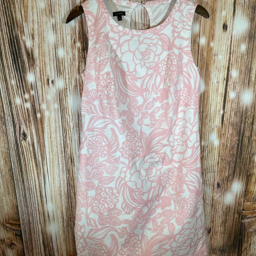 Talbots Dress Womens 8 Pink White Floral Sheath Lined Keyhole Back Zip Career - Picture 1 of 4